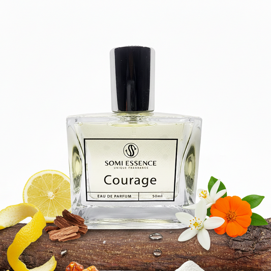 Somi Essence 'Courage' perfume bottle with floral and spice elements on a white background