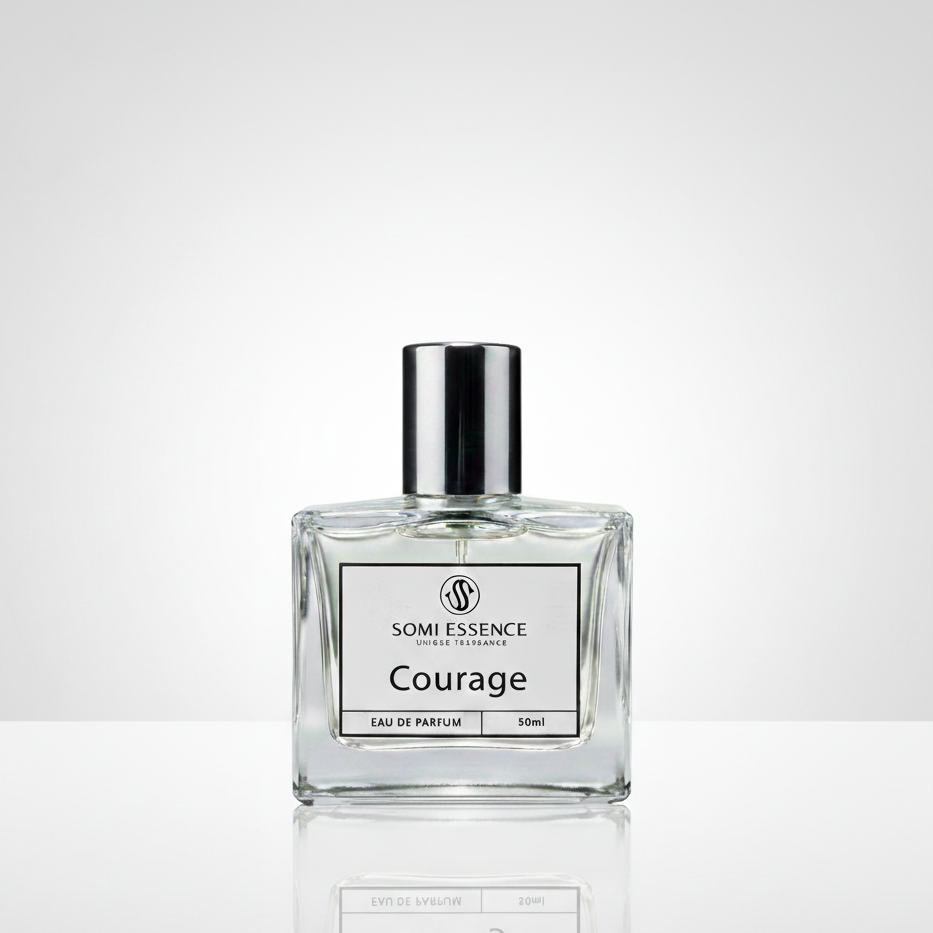 Perfume bottle labeled 'Courage' by Somi Essence on a white background