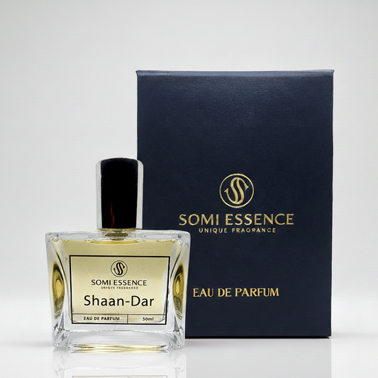 Somi Essence Shaan-Dar Eau de Parfum bottle and packaging on a white background